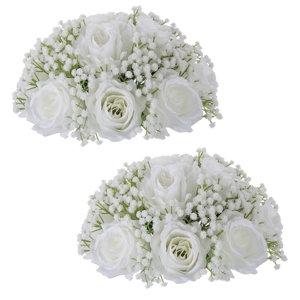 2 Pc White Rose and Babies Breath Ball/Center Piece NEW